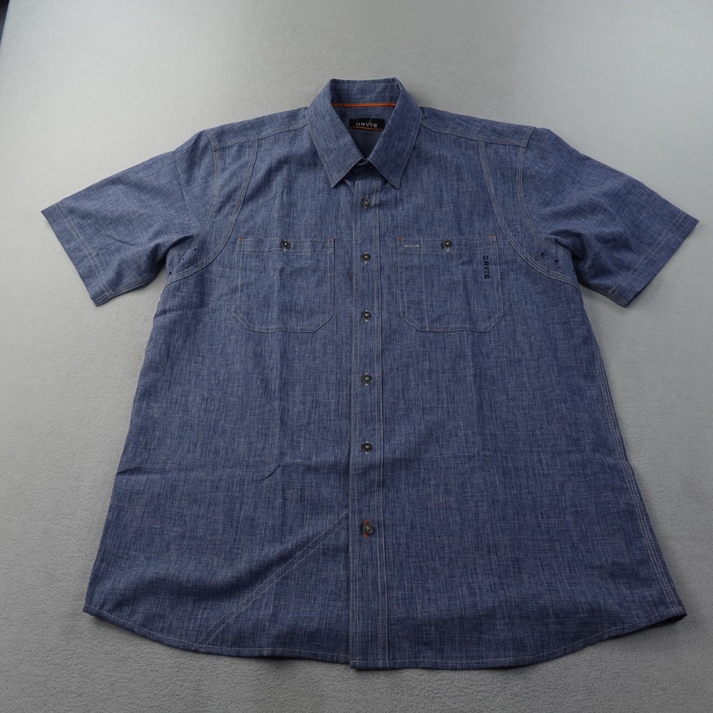 Orvis Tech Chambray Work Shirt Mens Large Blue Short Sleeve Outdoor Fishing